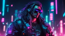 male cyberpunk solo with long hair, korean, Wearing Urban Gang Flash and mirrored dark sunglasses, and shot gun, headaphone, strong cyber warrior, black tatoo, attrakvtive man, Retroanime, rembradt lighting, neon complementary colors, dark vibe, scifi