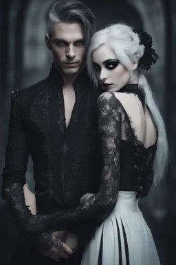 Close up of an Attractive goth man holding his goth girl, he is looking mysteriously at the camera with her back faced to the camera. Dark eyes, White hair, ,super realistic, smoky background