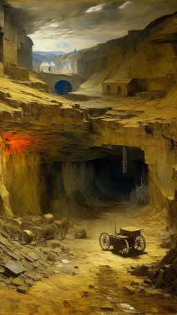 A beige underground mine with a town painted by Claude Monet