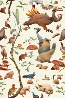 John James Audubon-like illustration of a fully uncropped Dodo bird and a Platypus in a landscape of warm yellows, warm reds, and warm blues