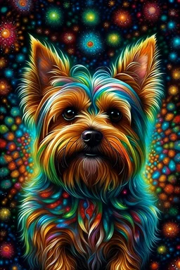 Create an enchanting image of a Yorkshire Terrier with a mesmerizing twist – its fur has transformed into a kaleidoscope of crystal strands, each reflecting a vibrant array of colors. The Yorkie's endearing eyes should shimmer with curiosity and playfulness, while its crystalline fur flows gracefully, giving it an otherworldly and ethereal appearance. Surround the Yorkie with a whimsical background that complements the iridescent hues of its crystal hair, evoking a sense of wonder and magic