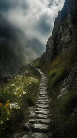 narrow stone path above the ground gradually getting higher into the clouds no railings, dangerous drop people in black leathers medievil period weather is wet spiraling into the clouds fantasy, a mountain with waterfall showing in the background