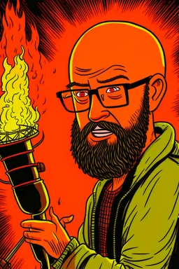 Firestarter animateur radio hardrock with a microphone. He has no hair. He has a beard. Je has glasses. He's about 50 years. Seems angry. Flames all around