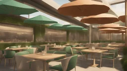 there is a picture of a restaurant with tables and umbrellas, solarpunk cantine, conceptual rendering, architectural rendering, photographic render, architectural render, artist impression, architecture render, artist's impression, artists impression, green terrace, photo render, artistic render, by Richard Carline, architectural visualisation, drawn with photoshop, post processed denoised, digital rendering
