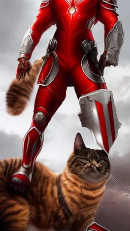 Iconic Cat-Man, red and silver, ultra-detailed armor, cat with eye mask, dynamic shot, richly saturated colors, full height, arms, legs, footwear, cinematic backlighting, hyper-realism, unparalleled detail, 8K, concept art, intricate textures , timeless masterpiece, enhanced AI, GAN, depth of field, neural network,