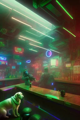 dog and gun in a cyberpunk bar, digital art style. fantasy, neon lights, volumetric lighting, particales, wide shot,