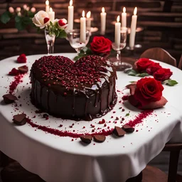 heart shaped chocolate cake, red and brown sprinkles, red roses lying beside cake, red wine, botanical, on romantically set table with white tablecloth, romantic cozy dark wood and brick restaurant, candlelight soft light,, Visual for 3D hyperrealistic gourmet design, backlighting, white chocolate veiny drizzles, stunning