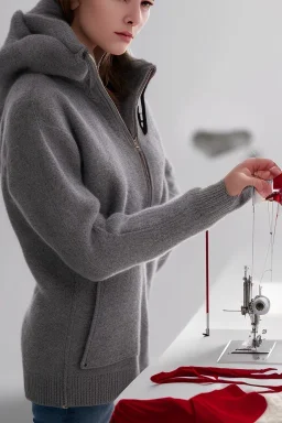 Woman is wearing a grey pullover. Standing at a table, holding needle in her right hand. Sewing a red jacket at the pocket.