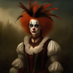 Photorealistic, Cajun swamp, A beautiful evil smirking scary looking, white young lady clown, reddish blonde hair, from Louisiana bayou with fine realistic black gold and red feathers, gorgeous face and features, a poor lady but beautiful and interesting background, award winning photo, Karol Bak, Caravaggio,