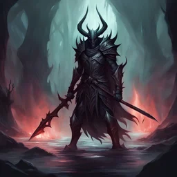 Daedra Slayer in the depths Oblivion they hunt Daedric creatures, background coldharbour, in 2D illustration Style art style