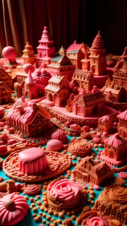 A pink village made out of cookies and cakes designed in Kuna Molas