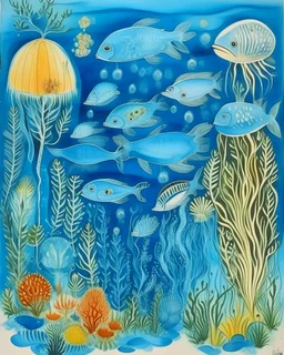 A blue underwater reef with fish and jellyfish designed in German folk art painted by Maurice Utrillo
