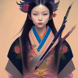 storybook illustration of cute little tengu yokai girl, raven-black hair, wearing a kimono, digital painting, pastel, illustration, procreate, epic, fantastic, featured on cgsociety.Art by Greg Rutkowski, Alphonse Mucha, Artgerm ,