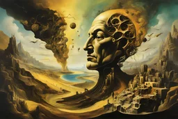 Time collapses in on itself engulfing the vain pursuits of the insane, neo surrealism, by Salvador Dali, by Dave McKean, by Tomasz Setowski, stylish, vivid colors, asymmetric, expansive, surreal, Socratic method, melting acrylics, album art