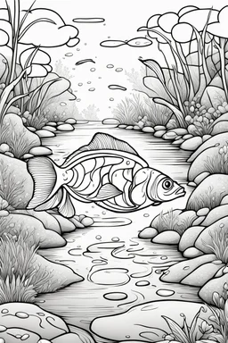 coloring page, fish in a creek, cartoon style, thick lines, low detail, no shading