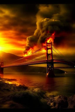 A volcano exploding over a San Francisco golden bridge a high definition dramatic cinematic theme