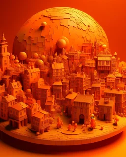 A dark orange colored town made out toys with a sun and moon painted by Guo Xi