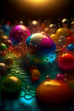 different hairy insects inside a pile of transparent jelly bubbles of weird colors, disco egg made of small mirror, light rayz, feast table ,shot on Hasselblad h6d-400c, zeiss prime lens, bokeh like f/0.8, tilt-shift lens 8k, high detail, smooth render, down-light, unreal engine, prize winning