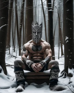 man sitting on a throne in a relaxed laid back style, middle of a snowy forest, muscular athletic physique, wearing a ancient iron carved face mask over face,