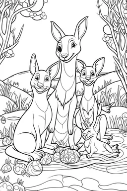 HAPPY NEW YEAR colouring page for kids,Kangaroo family joy, thick outline, low details, no shading, no colour