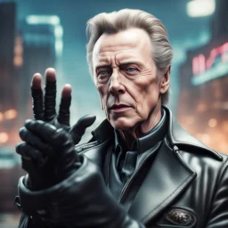 airbrush with pen outline, close up portrait of cool space pimp Christopher Walken in high speed action scene, wearing driver gloves, in the style of a fallout 4,bokeh like f/0.8, tilt-shift lens 8k, high detail, smooth render, down-light, unreal engine, prize winning