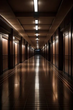 empty dim mall corridor, wood floor, low light, dystopian, 1960's style