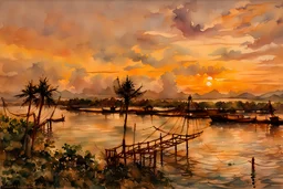 watercolor painting of cheenavala, chinese fishing net, river side , kochicoconut trees, pen line sketch and watercolor painting ,Inspired by the works of Daniel F. Gerhartz, with a fine art aesthetic and a highly detailed, realistic style