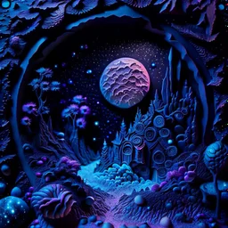 Detailed creepy landscape made of modeling clay, stars and planets, Roger Dean, Tim Burton, strong texture, Ernst Haekel, extreme detail, Max Ernst, decal, rich moody colors, sparkles, bokeh, odd