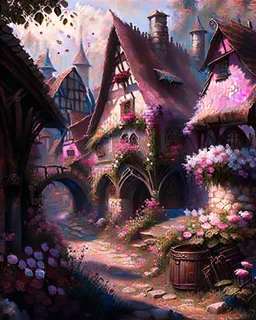 medieval fantasy village with flowers rpg art painterly