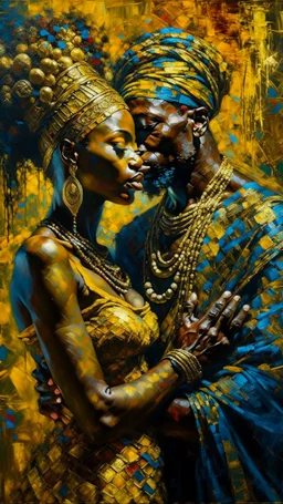 Side profile of an African King with her aspirations behind her standing . Holding her man hugging with love and romance,Opulent Van Gohn style painting, Busch painting style nightmare