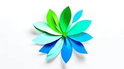 Minimalist paper cutout of a flower. Shapes are simples, abstract and geometric. Colors are vivid, electric blue, electric green and electric grey. White background.