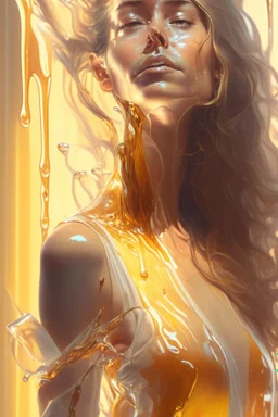 WOMEN WITH transparent Liquid honey dripping, photorealistic beautiful woman, light hair, full body, cover, hyperdetailed painting, luminism, Bar lighting, complex, 4k resolution concept art portrait by Greg Rutkowski, Artgerm, WLOP, Alphonse Mucha,