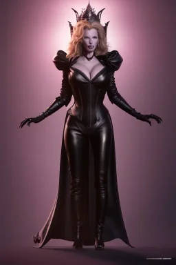 Kim Basinger as evil queen in black leather, busty, cleavage, curvy, angry, happy, stern look. character design by cory loftis, fenghua zhong, ryohei hase, ismail inceoglu and ruan jia. unreal engine 5, artistic lighting, highly detailed, photorealistic, fantasy