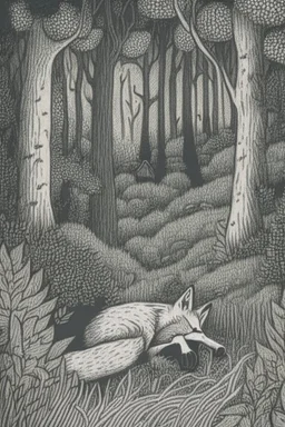 in the style of Henry Justice Ford, a drawing of a forest in which a fox sleeps