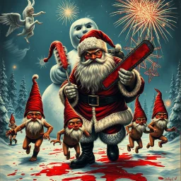 there is no kebabs at christmas, evil Santa, evil naked gnomes running around, staring flaming eyes, evil naked Rudolf, very big evil melting angry Frosty the snowman in background, 1940 christmas postcard, blood stains, Flying angels, Santa holding a chainsaw, fireworks, Tim burton style