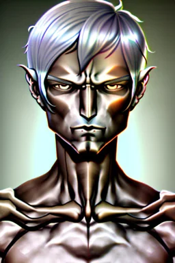 bronze skin, silver hair, short hair, horns, six arms, human, male