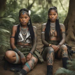 From a bird's eye view, two feral indigenous girls, adorned with tattoos and tribal jewelry, sit under a lush tree with sniper rifles in hand. Their military uniforms blend with tribal patterns, symbolizing a fusion of tradition and modernity. The girls exude a sense of resilience and wisdom, their eyes sharp and vigilant. The dappled light plays upon their faces, casting shifting shadows in a mesmerizing display. Behind them, an oasis unfolds - aqua blue ocean, luminous green waters, and white