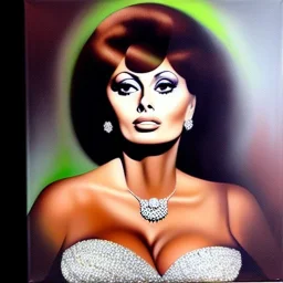 oil Portrait on canvas of busty beautiful young SOPHIA LOREN with big crystal clear green eyes looking to viewer,realistic,intrincate detail, with ruby necklace by Adam hughes 16k