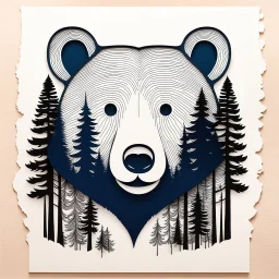 M shaped bear head combined with woods silhouette in backround, letterpress style, minimalistic pencil art