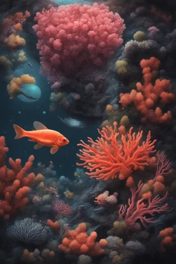 diseased Flora, fauna, and coral at the End of the Multiverse rising from a black liquid surface.