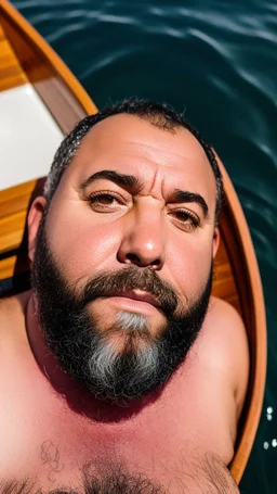 top view photography of a muscular chubby burly bearded marocan fisherman relaxing sunbathing lying down in a small fischer wooden boat , bulge, tattoo, ugly, 49 years old, short beard, bullneck, emotive eyes, photorealistic, 35mm lens, Canon EOS, 8k