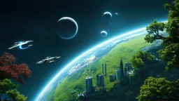 hyper realistic, tron legacy movie, beautiful green untouched planet and an inhabited planet below, space ships and few planets on the left, city of the future with green and dark red trees, hyper realistic