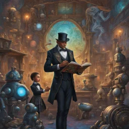 Whimsical futuristic Robot Automaton Butler dressed in steampunk black tuxedo reading a children's book to children, Robot Butler Wonderland, Hyperrealistic, splash art, concept art, mid shot, intricately detailed, color depth, dramatic, side light, Robot Butler background Josephine Wall, by WLOP, by Moebius.