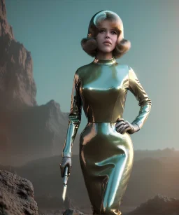 Ultra Realistic retro sci-fi image from 1960, many people looking to sweet young woman Jane Fonda, dress with tight latex coat and retro glass helmet, Retro sci-fi style, soft color, highly detailed, unreal engine 5, ray tracing, RTX, lumen lighting, ultra detail, volumetric lighting, 3d, finely drawn, high definition, high resolution.