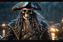 Skeleton pirate in 8k realistic cgi drawing style, ghost theme, sea, Storm, close picture, rain, neon, highly detailed, high details, detailed portrait, masterpiece,ultra detailed, ultra quality