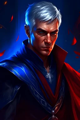Male figure with olive skin tone, sporting short silver hair, resembling a perfect blend of Alan Ritchson and Jack Reacher, intense blue eyes, dressed in black and red medieval attire, digital art, characterized by strong ink lines, high contrast, dynamic poses, richly textured fabrics, subtle shading, dramatic lighting, ultra detailed.
