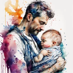 portrait of Father holding newborn son, watercolor and ink illustration, by Alex Ross and Carne Griffiths, negative space, whimsical, schmaltzy. rich colors