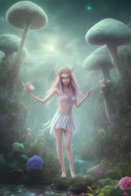 lac turquoise, ciel étoilé brillante, femme féerique, belle douce subtile, parfumée, voile d'étoile, petit rocher avec mousse, magic hobbit house,great flower fleurs pink and white, champignon magique, elfe très beau, etoile filante, cristaux, vray, cgi