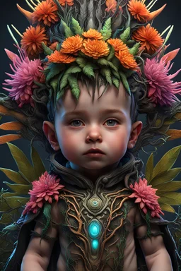 Expressively detailed and intricate 3d rendering of a hyperrealistic: Caucasian baby boy, cyberpunk plants and flowers, neon, vines, flying insect, front view, dripping colorful paint, tribalism, gothic, shamanism, cosmic fractals, dystopian, dendritic, artstation: award-winning: professional portrait: atmospheric: commanding: fantastical: clarity: 16k: ultra quality: striking: brilliance: stunning colors: amazing depth