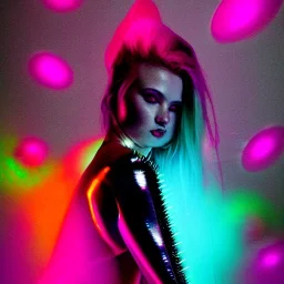 A 1990s or early 2000s magazine party photoshoot. Neon blob, metallic spikes, ethereal. Extremely detailed, HD photography, high quality, stylized, dramatic, high contrast, high exposure.